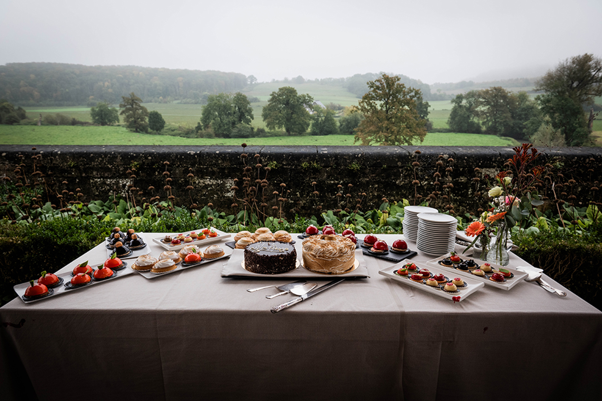 a view of the landscape and the weddingcake at chateau Sint Gerlach